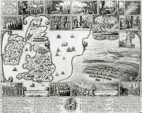 Map of Civil War England and a view of Prague, 1632 (engraving) (b  /  w photo)