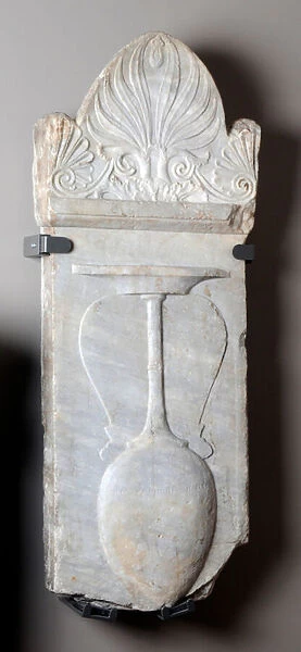 Marble gravestone depicting an amphora in relief and bearing the names of Demochares