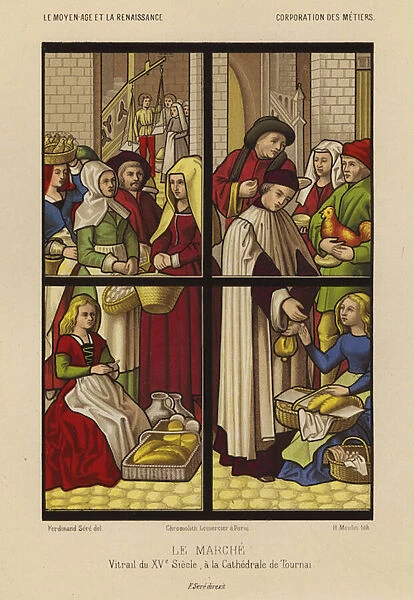 Market, stained glass from Tournai Cathedral, Belgium, 15th Century (chromolitho)