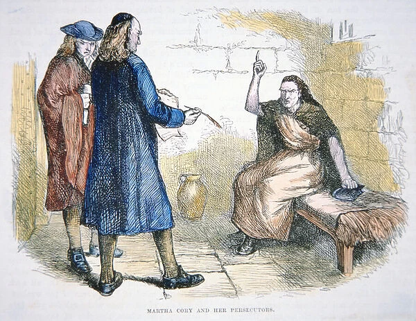 Martha Corey is accused of witchcraft during the Salem witch trials in 1692 (colour litho
