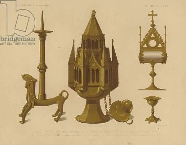 Medieval candlestick, censer, monstrance and chalice (chromolitho)