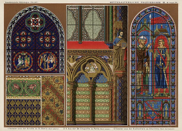 Medieval French stained glass windows: Church of St Denis, Paris; Sainte Chapelle, Paris; Chartres Cathedral (colour litho)