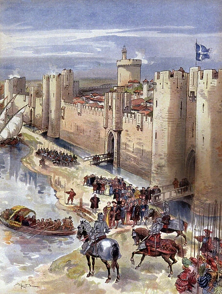 Meeting of Aigues Mortes between Francis Ist of France and The emperor of the Holy Roman Empire Charles V, in front of the rampart, July, 14, 1538. Illustration by A. Robida in: Francois Ier, by A. Toudouze, France, 1909