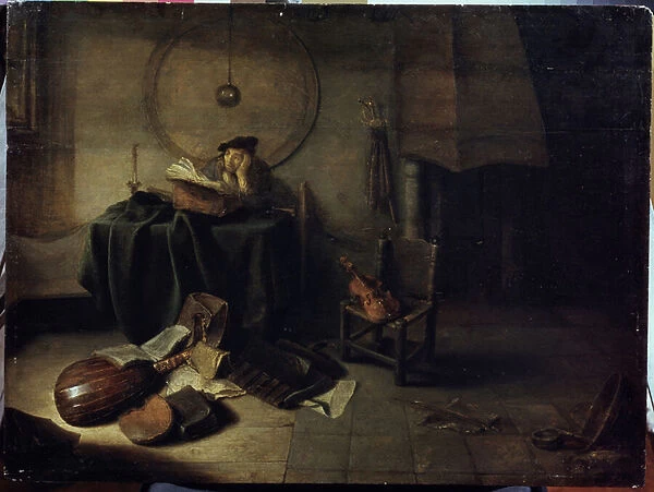 'Melancolie II'(Melancholy II (Scientist in his studio)) Un homme etudiant la musique, l expression songeuse. Peinture d Isaak de Jouderville (1613-1648) Serpoukhov, State Museum of History and Art