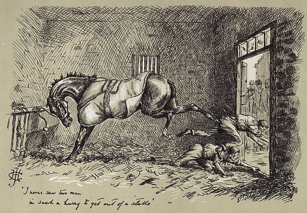 Two men fleeing a stable from a kicking horse (engraving)
