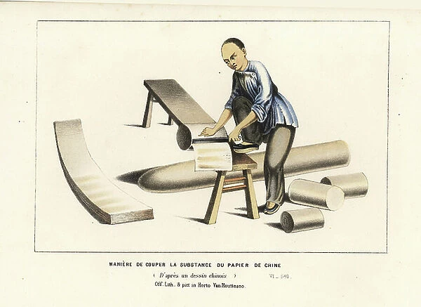 Method of cutting paper material in China (after a Chinese illustration). Handcoloured lithograph from Louis van Houtte and Charles Lemaire's Flowers of the Gardens and Hothouses of Europe, Flore des Serres et des Jardins de l'Europe, Ghent