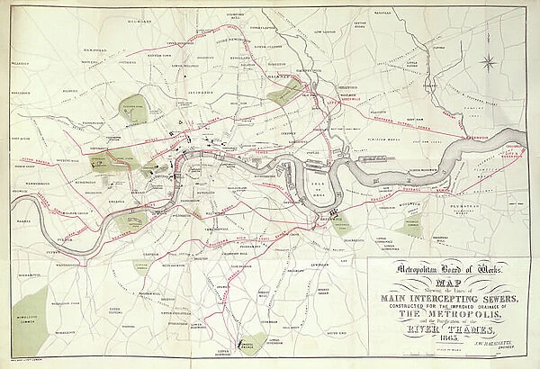 Metropolitan Board of Works map of Bazalgette's plan for the Lines of Main Intercepting Sewers, constructed for the Improved Drainage of the Metropolis, (colour engraving), 1865