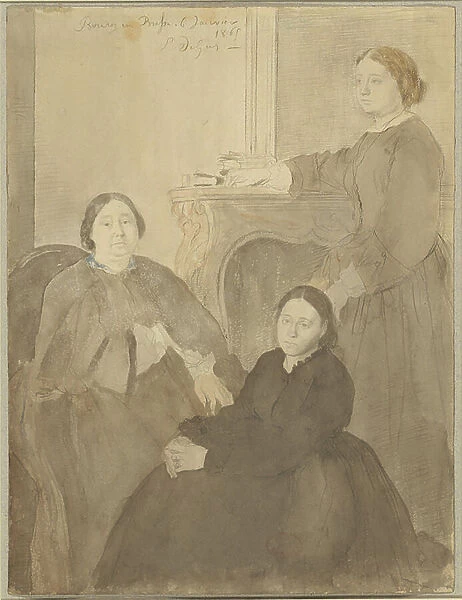 Mme. Michel Musson and Her Daughters, Estelle and Desiree, 1865 (w / c with touches of charcoal, brush and wash on paper)