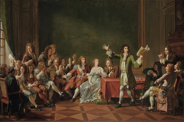 Moliere Reading Tartuffe at the home of Ninon de Lenclos, 1802 (oil on canvas)