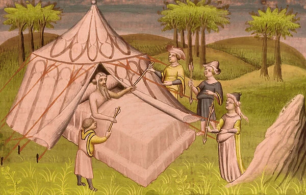 The mongolian leader Gengis Khan on his death bed giving his last recommendations to his sons, c. 1410 (miniature)