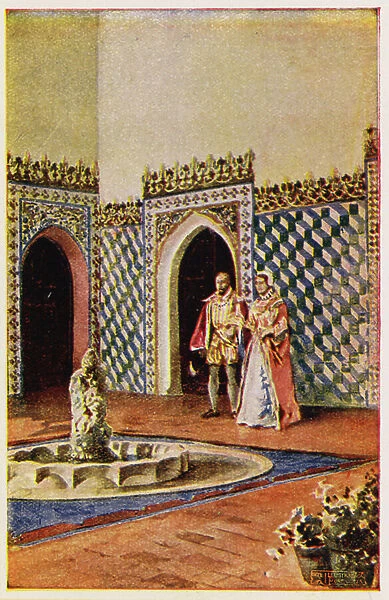 Moorish architecture in the Palace of Sintra, Portugal (colour litho)