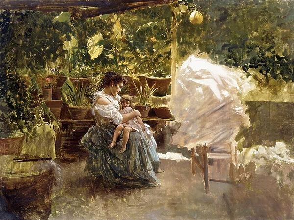 A Mother with her Child on a Veranda (oil on canvas)