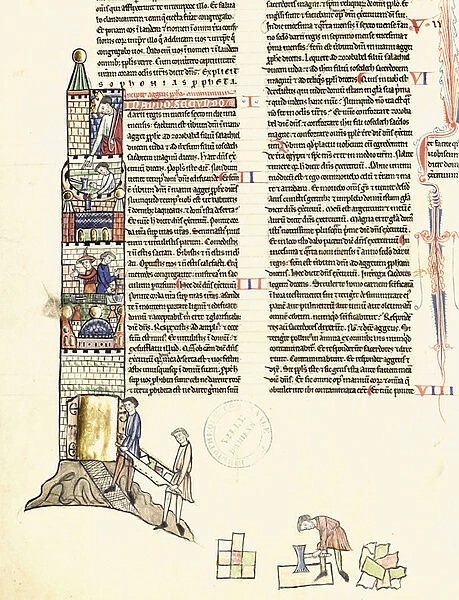 Ms 21 f. 167v Construction of a Tower (vellum)