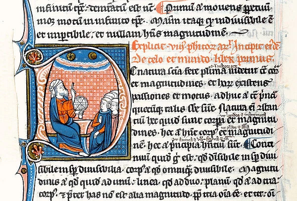 Ms 3458 fol 62vo Historiated initial D depicting Aristotle holding an armillary
