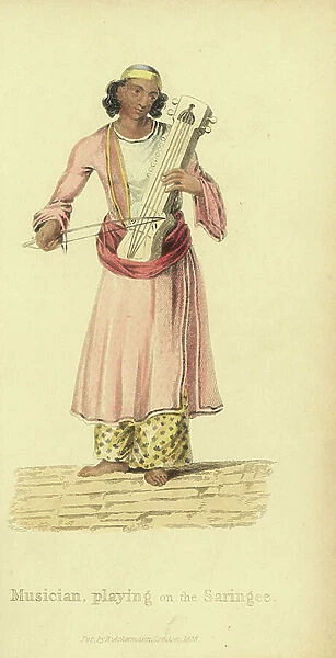 Musician playing the saringee (Indian violin) wearing muslin or cotton robes, turban and sash. Handcoloured copperplate engraving by an unknown artist from ' Asiatic Costumes,' Ackermann, London, 1828