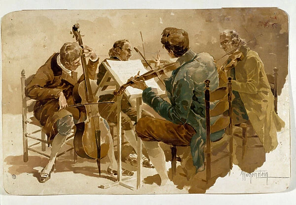 Four musicians. Three violinists and one cellist, 19th century (poster)