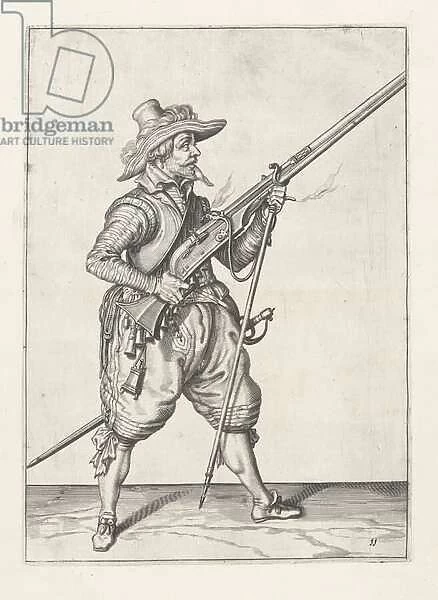 Musketeer placing his furket underneath, c. 1600 (engraving)