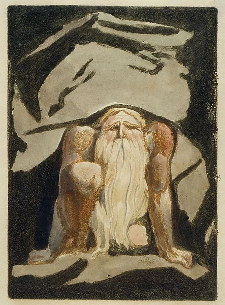 A naked man with a long beard kneeling with one knee raised and both hands on the ground