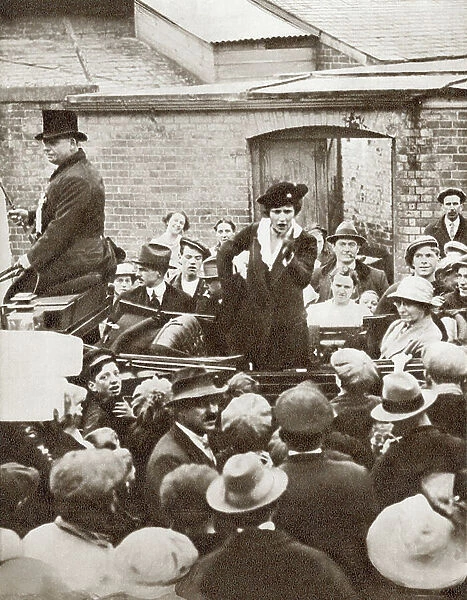 Nancy Witcher Astor, Viscountess Astor, 1879 - 1964. First woman to sit as a Member of Parliament in the British House of Commons, seen here campaigning during the 1919 Election. From The Story of 25 Eventful Years in Pictures, published 1935