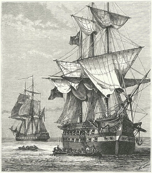 Napoleon boarding HMS Northumberland for the voyage to his exile on St Helena, 1815 (engraving)