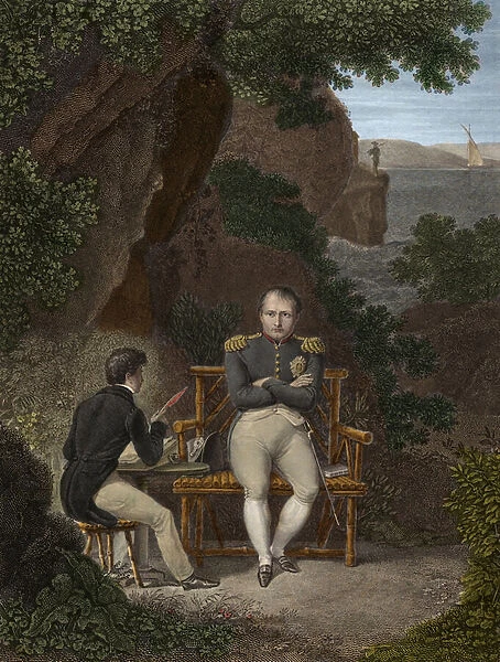Napoleon I in exile at Saint Helena (hand-coloured engraving)