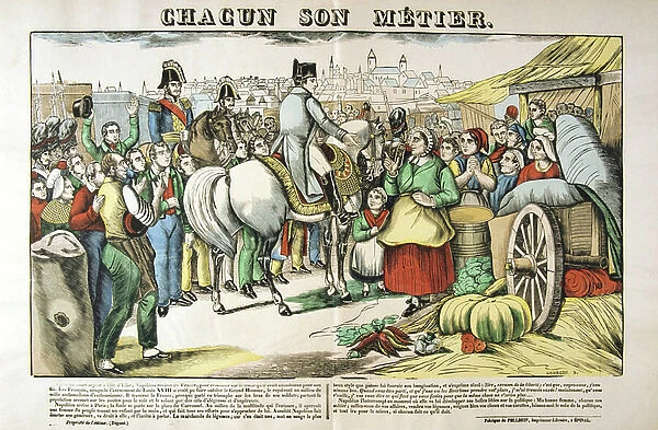 Napoleon I (Napoleon Bonaparte 1769-1821) returning to France from exile in Elba, 26 February 1815, welcomed by his supporters. 19th century (popular French colored woodcut)
