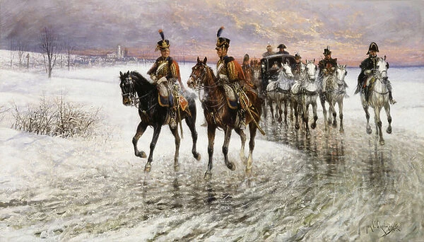 Napoleon retreating from Moscow, (oil on canvas)
