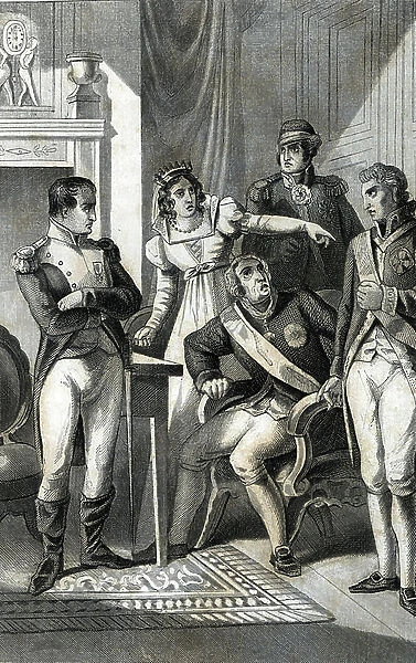 Napoleon's designation of his brother, Joseph as king of Spain in 1808 1842 (engraving)