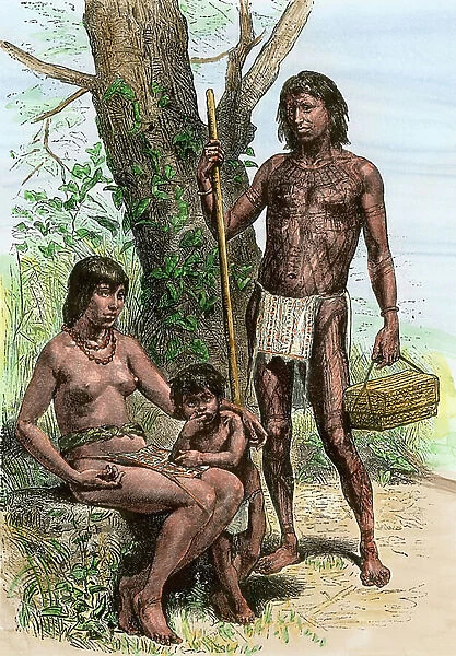 Native Bahamas family, as described by early explorers of the New World - Colorised engraving, 19th century - Natives of the Bahamas as described by early explorers of the New World - Hand-colored woodcut of a 19th-century illustration