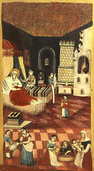 The Nativity of the Virgin - Anonymous - um 1700 - Tempera on panel - 113, 6x65