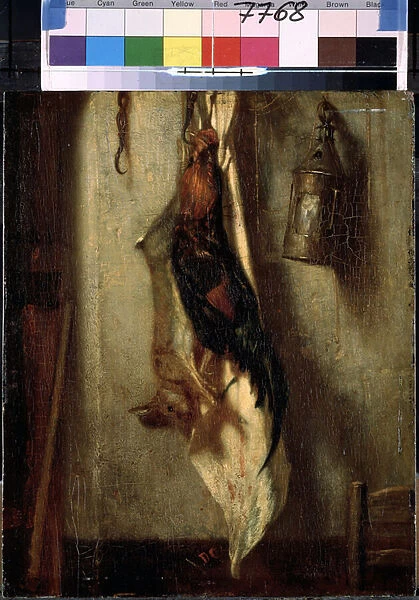 'Nature morte de coq et lievre, suspendus a un crochet, et lanterne'Peinture d Alexandre-Gabriel Decamps (Alexandre Gabriel) (1803-1860) 19eme siecle Dim