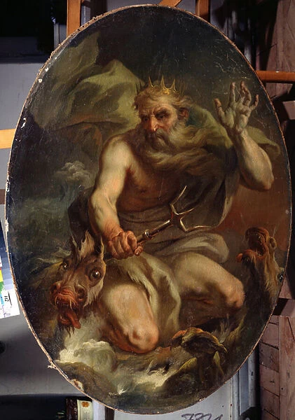 Neptune (Poseidon) avec une couronne et un trident represente avec des monstres marins (Neptune). Peinture de Stefano Torelli (1712-1784). Huile sur toile, 135 x 94 cm, 1768. Ecole de Bologne, art rococo italien