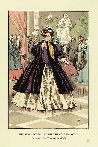 The new foyer at the Theatre Francais, 1863. Portrait of Mme. de R. Woman in cream crinoline dress with purple mantle, bonnet with yellow ribbon. New foyer in the Comedie Francaise by Prosper Chabrol with marble statue of Voltaire
