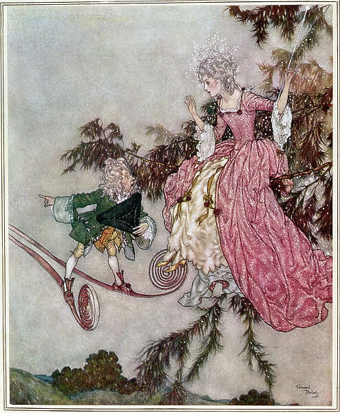 But news of it was brought to her by a little dwarf who owned a pair of 7-league boots', illustration from 'The Sleeping Beauty', pub. in 1910 (colour litho)