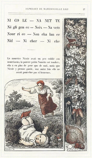 Nicole, Nannette, Negligence, Nuts, Turnips, Nurse, Nonchalance, Nest, Nicher, Niche, page 27 - Alphabet by Mademoiselle Lili, by L. Froelich and by a dad (Hetzel himself). Bibliotheque & Magasin d'Education et de Recreation J
