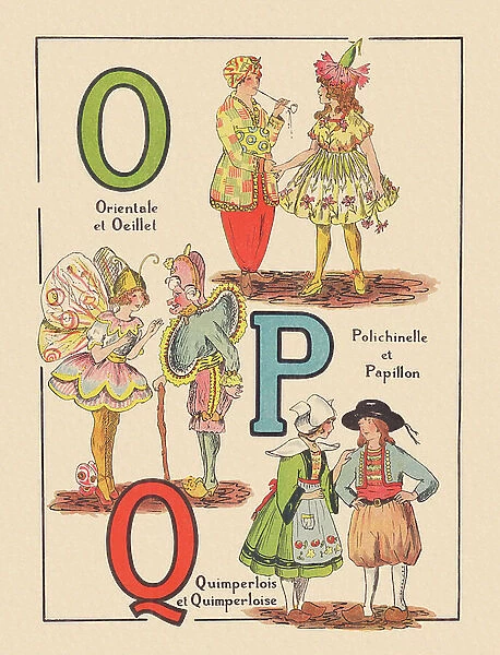 O for Orientale and Carnation - P for Polichinelle and Papillon - Q for Quimperlois and Quimperloise, around 1920 (print)
