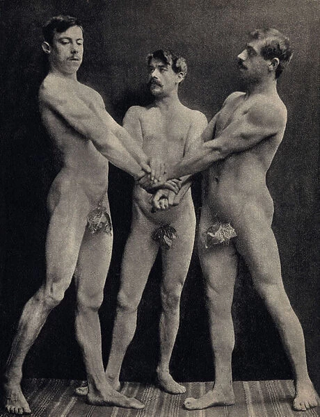 The Oath of the Horaces, pose three naked men taking oath