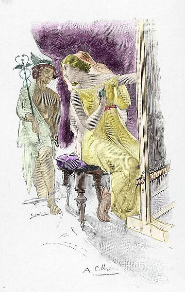 Odyssee d'Homere: ' Mercury comes to see Calypso on his island of Ogygia to ask him to liberate Ulysses' (Hermes visiting Calypso on her island to ask her to free Odysseus) Illustration by Antoine Calbet (1860-1944)