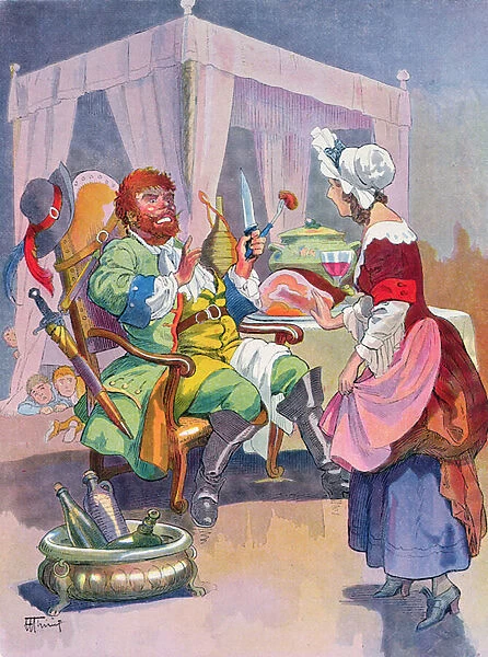 The Ogre smells fresh human flesh, illustration for a Perrault fairy tale Tom Thumb ( Le Petit Poucet ), early 20th century (colour litho)