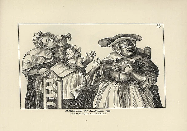 Three old women Kate, Nan and Bess drinking gin punch and flip in a tavern. Copperplate engraving after a satirical illustration by Timothy Bobbin (John Collier) (1708-1786) from Human Passions Delineated, John Haywood, Manchester, 1773