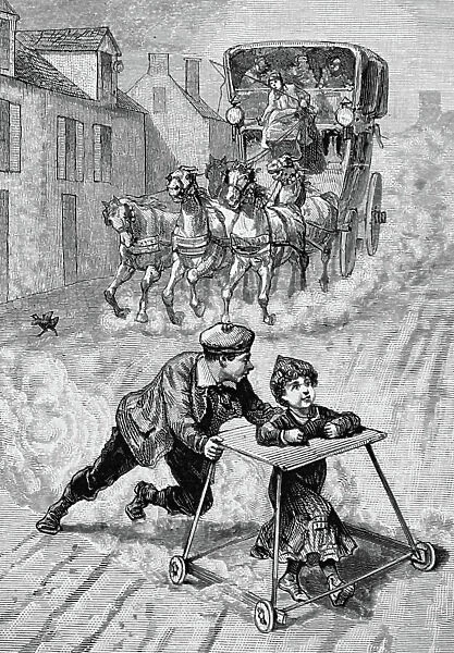 An older brother pushing his younger brother out of the way of a carriage, 1850