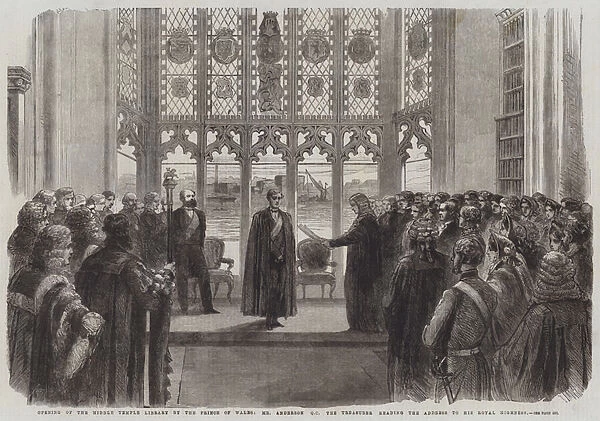 Opening of the Middle Temple Library by the Prince of Wales, Mr Anderson QC the Treasurer reading the Address to His Royal Highness (engraving)