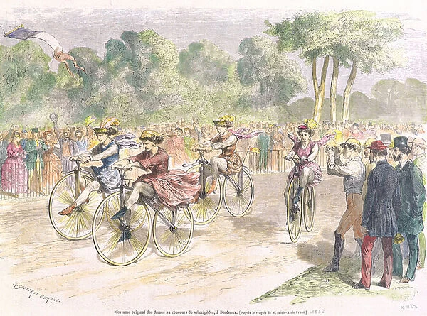 Original Costumes for the Velocipede Race in Bordeaux, 1868 (colour engraving)
