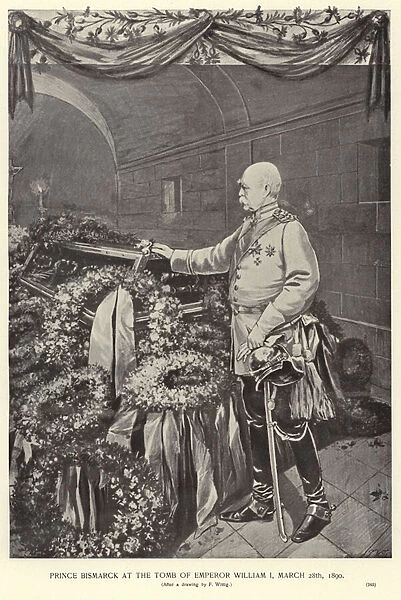 Otto von Bismarck at the tomb of Emperor William I (litho)