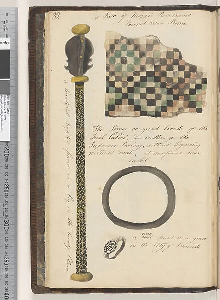 Page 32. A beautiful scepter found in a bog;a Piece of Mosaic Pavement found near Rome;the Timor (?) or Great Circle of the Irish Cabiri;a seal ring found in a grave in the city of Limerick, 1810-17 (w  /  c & manuscript text)