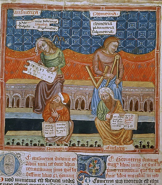 Page of a manuscript representing the allegories of Arithmetic and geometry (manunscript)