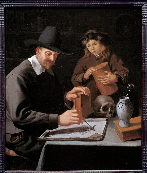 The painter and his pupil. An apprentice observes his master drawing on a notebook
