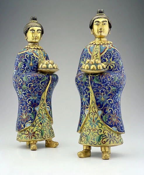 Pair of female attendants, Qianlong period, 1736-95 (cloisonne enamel)