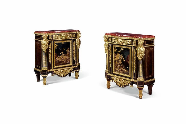 A pair of late Louis XV meuble a hauteur d'appui, c.1765-70 (ormolu, brass, lacquer & ebony)