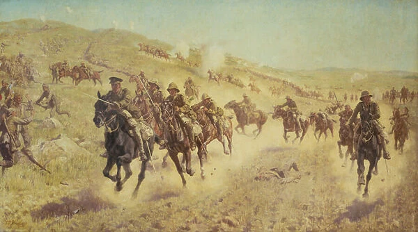 Palestine Campaign: The Action of the 6th Mounted Brigade at El Muhgar, 13th November 1917 (oil on canvas)